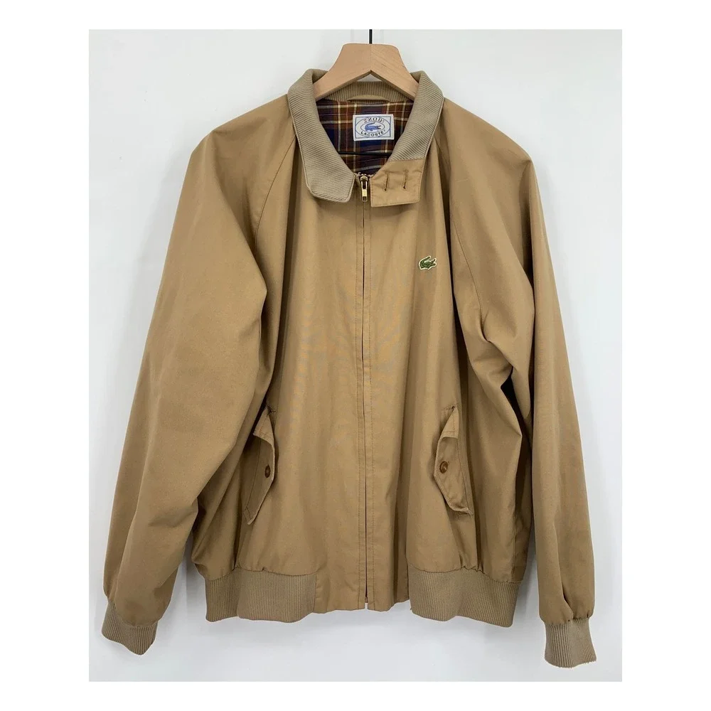 Vintage Izod Lacoste Jacket‎ Mens XL Tan Harrington Plaid Lined Full Zip